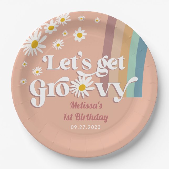 Plato De Papel Retro Daisy Vamos a tener Groovy Cumpleaños (Anverso)
