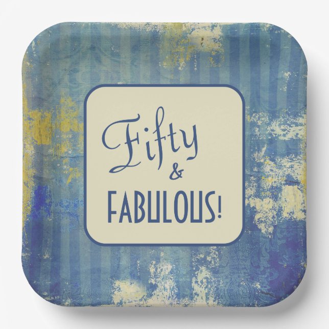 Plato De Papel ¡Retro Denim Blue Fifty & FABULOUS! 50 cumpleaños (Anverso)