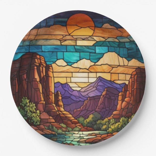 Plato De Papel Retro desert scene Sedona mountains stainglass art (Anverso)
