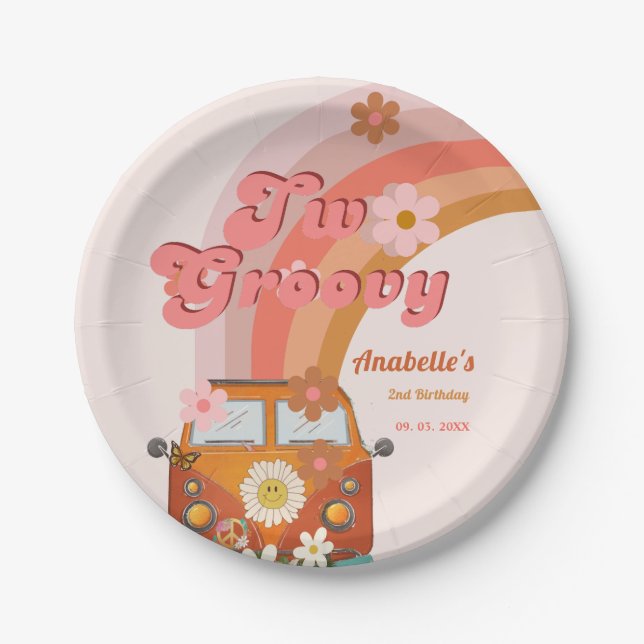 Plato De Papel Retro dos Groovy Daisy Flower Birday Party (Anverso)