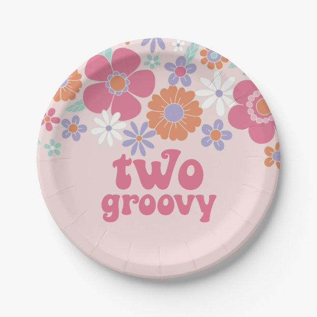 Plato De Papel Retro Dos Groovy Floral Rosa (Anverso)