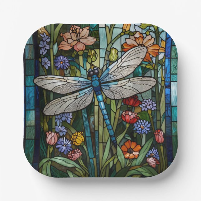 Plato De Papel Retro Dragonfly boho vidrio floral botánico de man (Anverso)