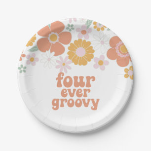 Plato De Papel Retro Floral Cuatro siempre groovy 4º cumpleaños