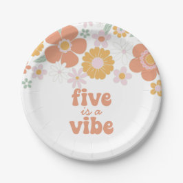 Plato De Papel Retro Floral Five es una Vibra 5º cumpleaños