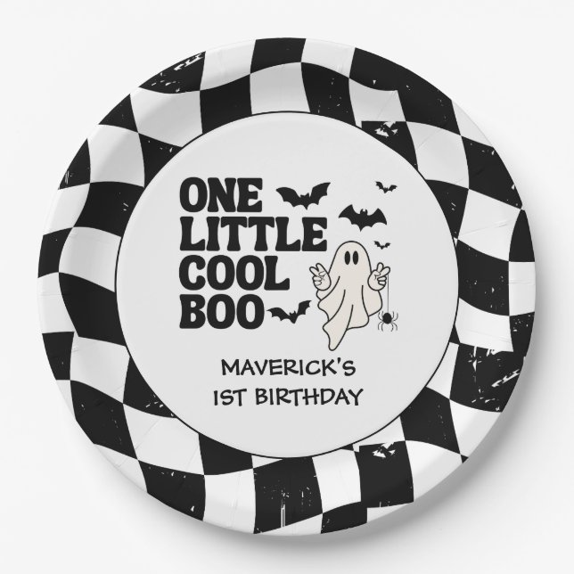 Plato De Papel Retro Ghost One Halloween Boy 1st Birthday (Anverso)