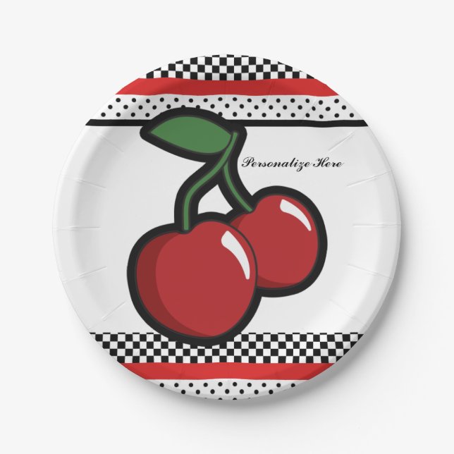 Plato De Papel Retro Glam Retro Cherries Negro y Fiesta Rojo (Anverso)
