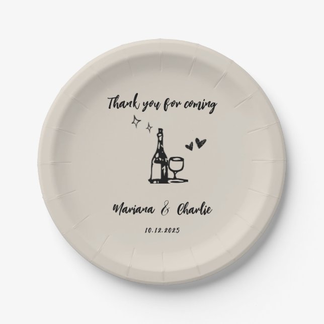 Plato De Papel Retro Grey Hand Drawn Illustrated Wedding (Anverso)