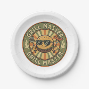Plato De Papel Retro Grill Master Hamburguesa Personaje Rey BBQ V