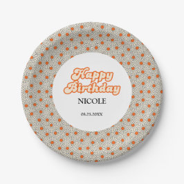 Plato De Papel Retro Groovy Arch Naranja brillante Daisy Cumpleañ