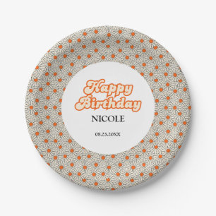 Plato De Papel Retro Groovy Arch Naranja brillante Daisy Cumpleañ