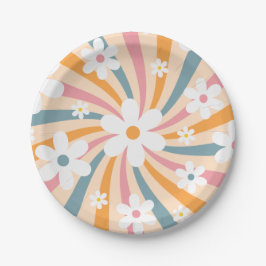 Plato De Papel Retro Groovy Colorido Sunshine Daisy Floral Hippie