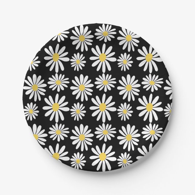 Plato De Papel Retro Groovy Daisies Spring Daisy Boho Black (Anverso)