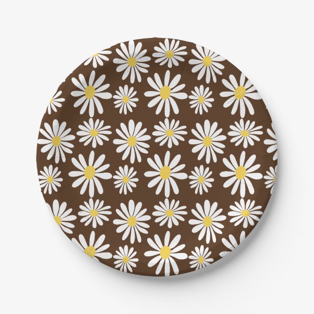 Plato De Papel Retro Groovy Daisies Spring Daisy Boho Brown (Anverso)