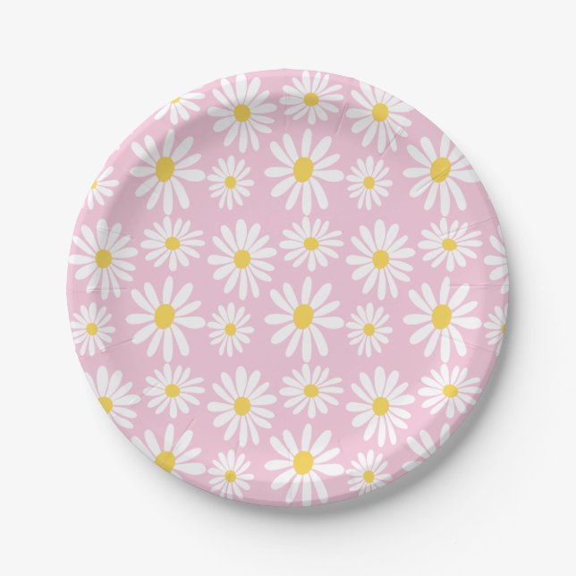 Plato De Papel Retro Groovy Daisies Spring Daisy Boho Light Pink (Anverso)
