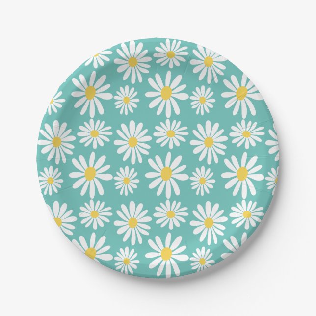 Plato De Papel Retro Groovy Daisies Spring Daisy Boho Luz Azul (Anverso)