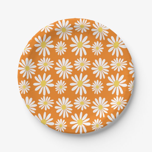 Plato De Papel Retro Groovy Daisies Spring Daisy Boho Naranja (Anverso)