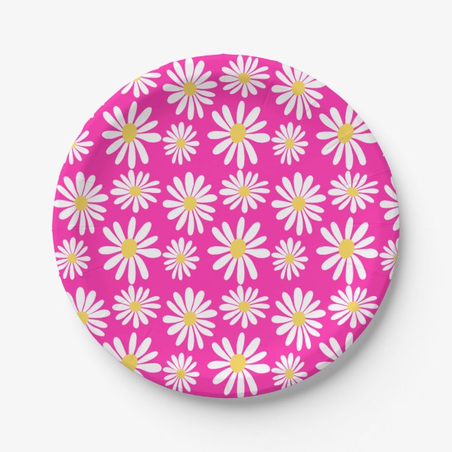 Plato De Papel Retro Groovy Daisies Spring Daisy Boho Pink (Anverso)
