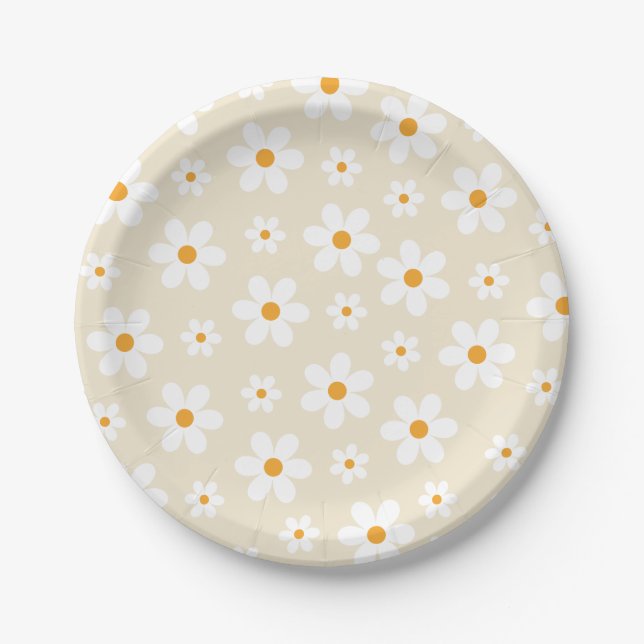 Plato De Papel Retro Groovy Daisy Tan Cumpleaños (Anverso)