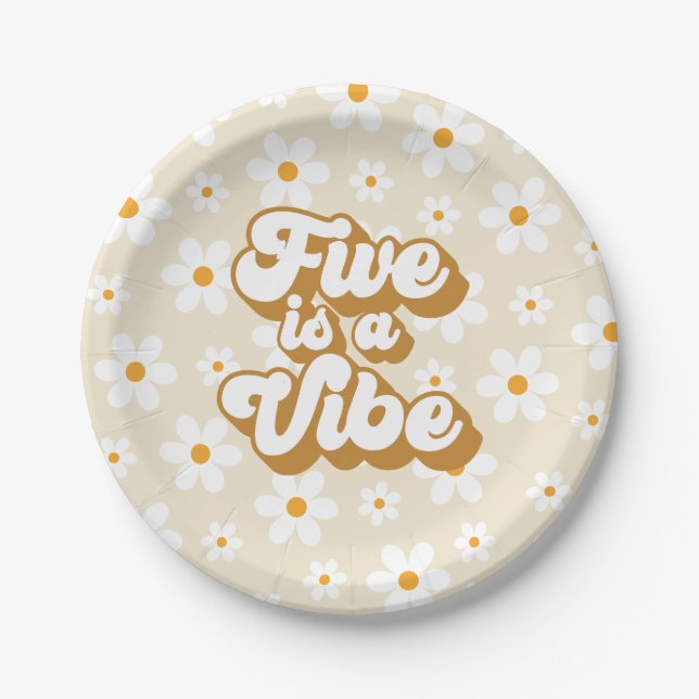 Plato De Papel Retro Groovy Five es un Cumpleaños Daisy Vibe (Anverso)