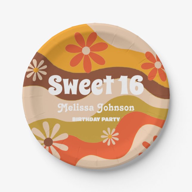 Plato De Papel Retro Groovy Hippie Flower Sweet 16 (Anverso)