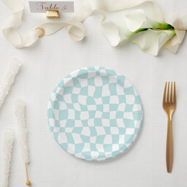 Plato De Papel Retro Groovy Pastel Blue Check ered (Boda)