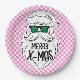 Plato De Papel Retro Groovy Pink Checkered Santa Claus Christmas