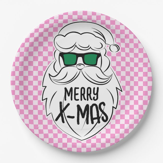 Plato De Papel Retro Groovy Pink Checkered Santa Claus Christmas  (Anverso)