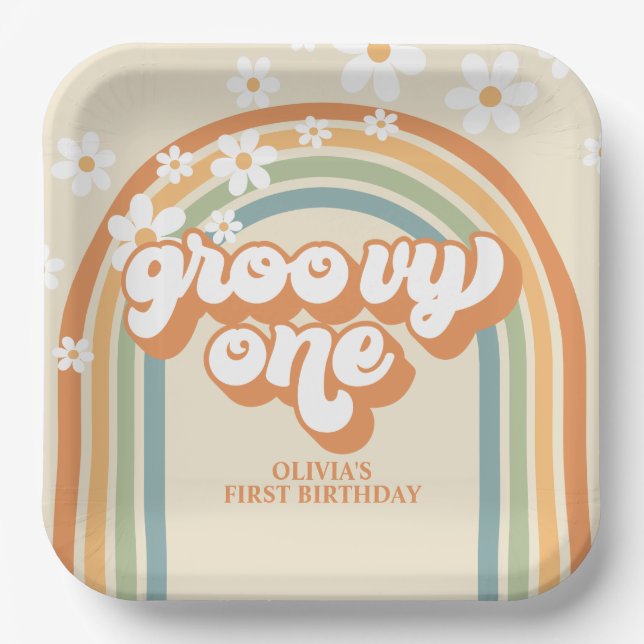Plato De Papel Retro Groovy Un Naranja arcoiris marrón Cumpleaños (Anverso)