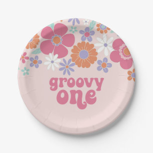 Plato De Papel Retro Groovy Uno Floral Rosa