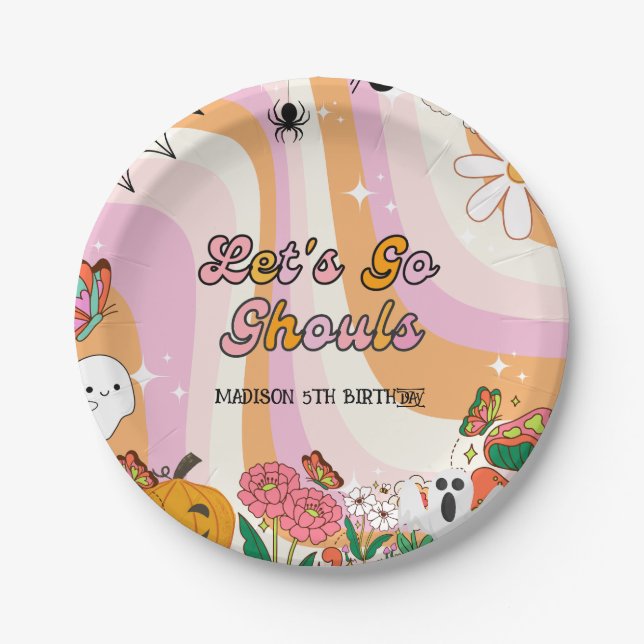 Plato De Papel Retro Grooy Vayamos a ghoul Halloween Cumpleaños (Anverso)