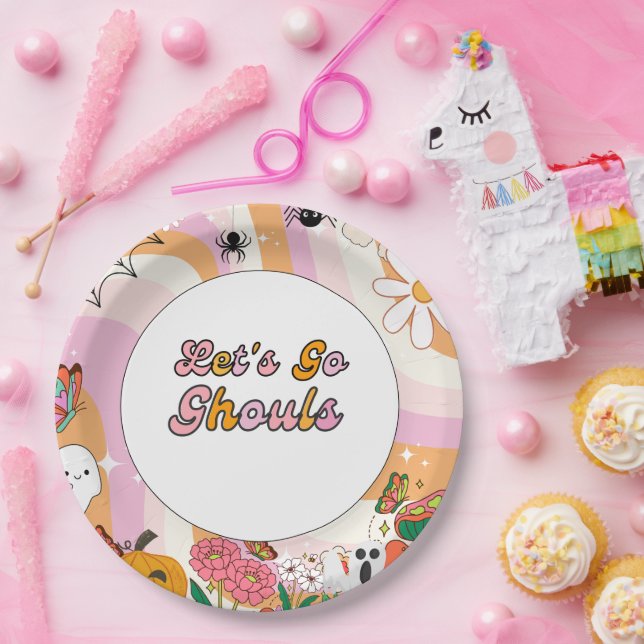 Plato De Papel Retro Grooy Vayamos a ghoul Halloween Cumpleaños (Fiesta)