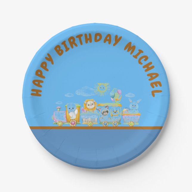 Plato De Papel Retro Happy Birthday Animal Train Paper Plate (Anverso)