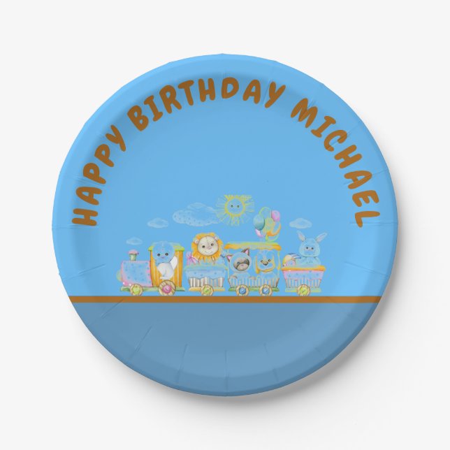 Plato De Papel Retro Happy Birthday Animal Train Paper Plate (Anverso)