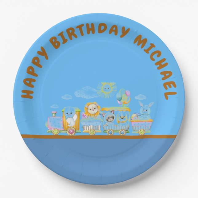 Plato De Papel Retro Happy Birthday Animal Train Paper Plate (Anverso)