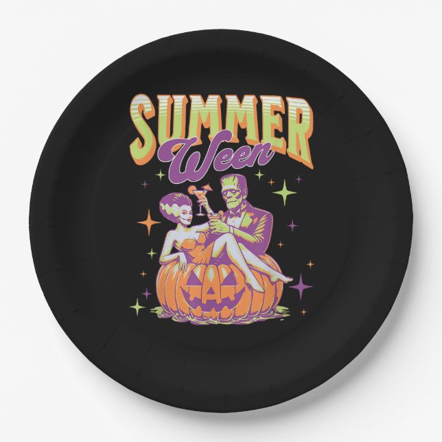 Plato De Papel Retro Happy Summerween Funny Frankenstein Monster  (Anverso)