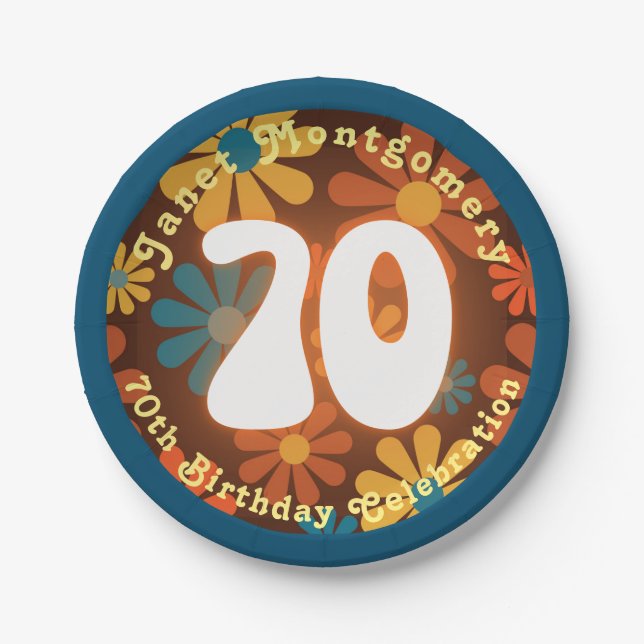 Plato De Papel Retro Hippie Flower Power 70 cumpleaños (Anverso)