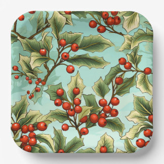 Plato De Papel Retro Holly Navidades grandes