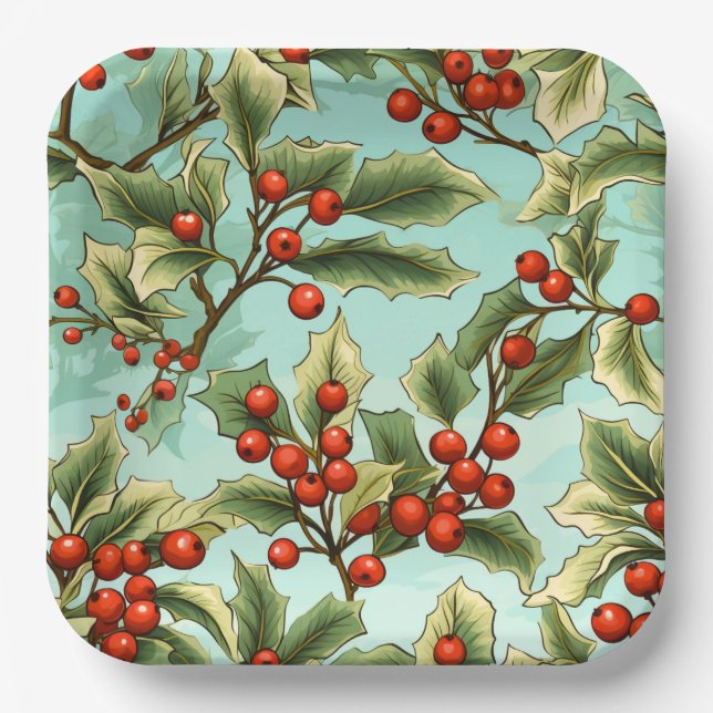 Plato De Papel Retro Holly Navidades grandes (Anverso)