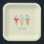 Plato De Papel Retro Ice Cream Cone 18th Birthday Personalizado<br><div class="desc">Novedades para el verano 2024. Un diseño retro patriótico cuenta con 3 helados de color rojo,  blanco y azul pastel retro. Dos líneas de texto modificable permiten realizar el personalizar de este diseño.</div>