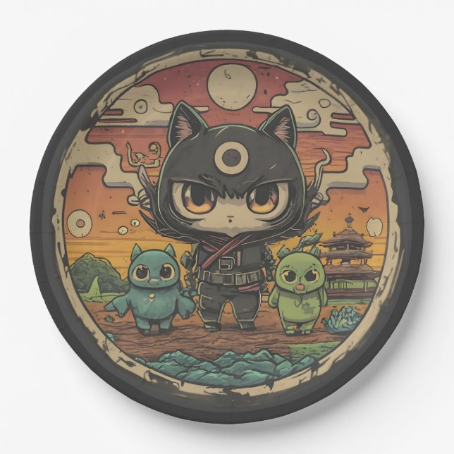 Plato De Papel Retro Island Pals: Gato Ninja (Anverso)