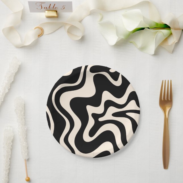 Plato De Papel Retro Láquido Swirl Abstract Pattern Black Cream (Boda)