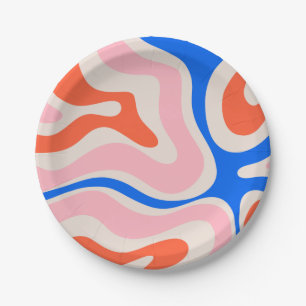 Plato De Papel Retro Láquido Swirl Abstracto Naranja rosa Azul