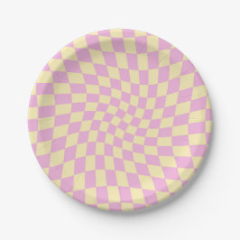 Plato De Papel Retro Lilac Peach PInk Checks Warped Checkerboard