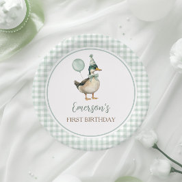 Plato De Papel Retro Lucky Duck Sage Green Gingham 1er cumpleaños