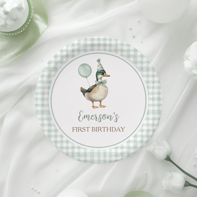 Plato De Papel Retro Lucky Duck Sage Green Gingham 1er cumpleaños (Subido por el creador)