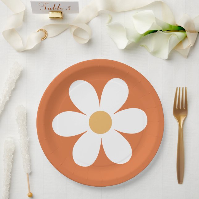 Plato De Papel Retro margarita naranja quemada boho (Boda)