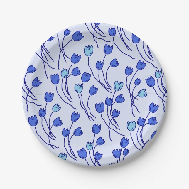Plato De Papel Retro Meadow Sketchy Floral Party Blue Delft (Anverso)