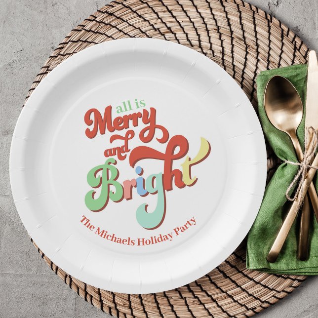 Plato De Papel Retro Merry y Navidades Personalizados brillantes (Merry and Bright Christmas custom Paper plates. )