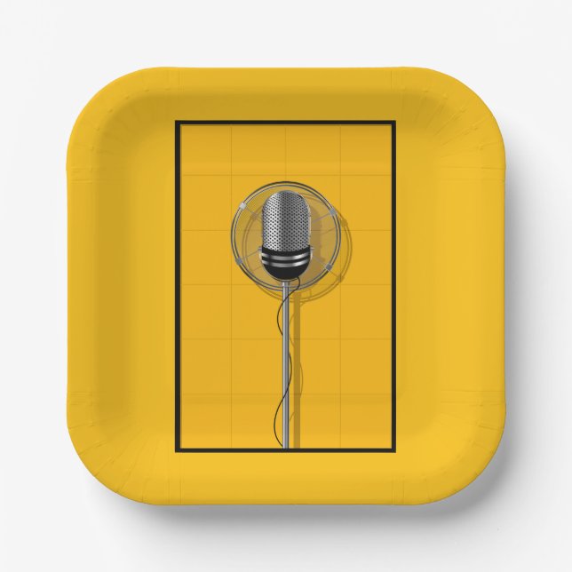 Plato De Papel Retro Microphone on Bold Yellow (Anverso)