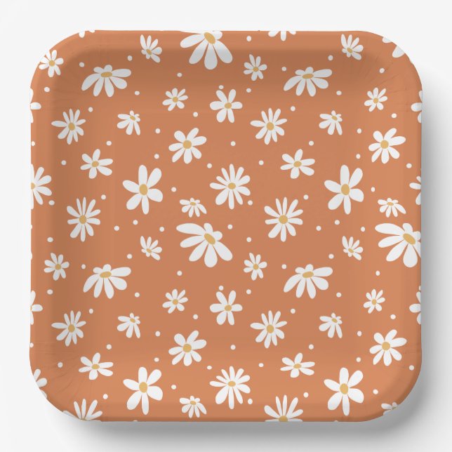 Plato De Papel Retro Mod Daisy Groovy Hippie Naranja Quemado de l (Anverso)